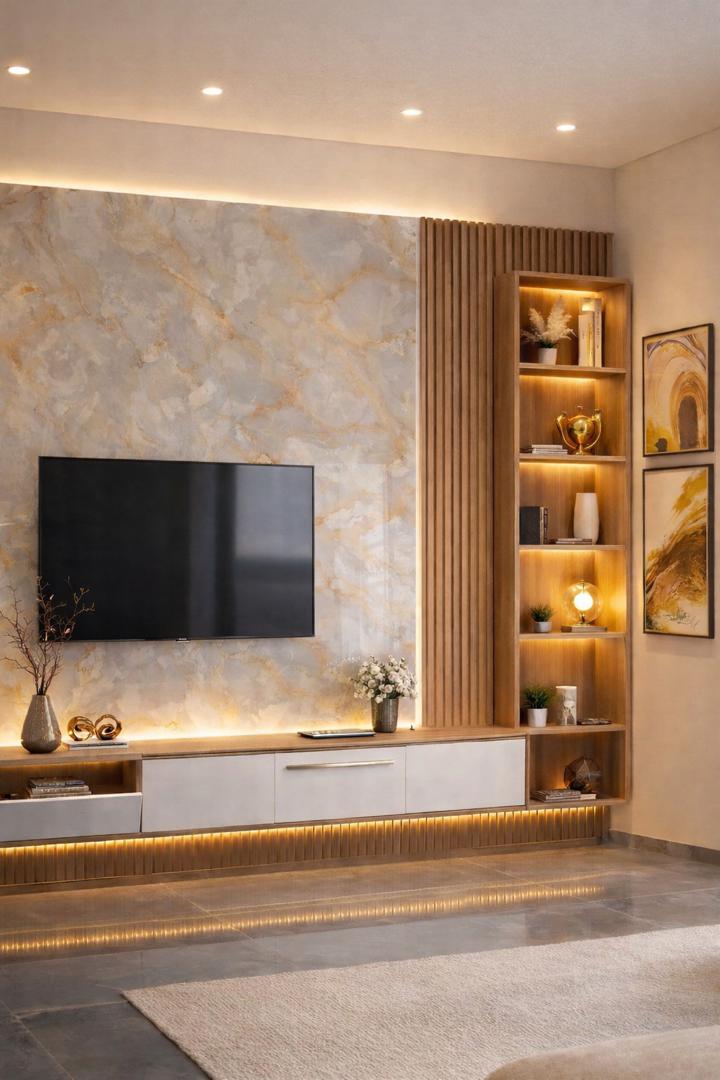 TV feature wall with shelving and ambient lighting